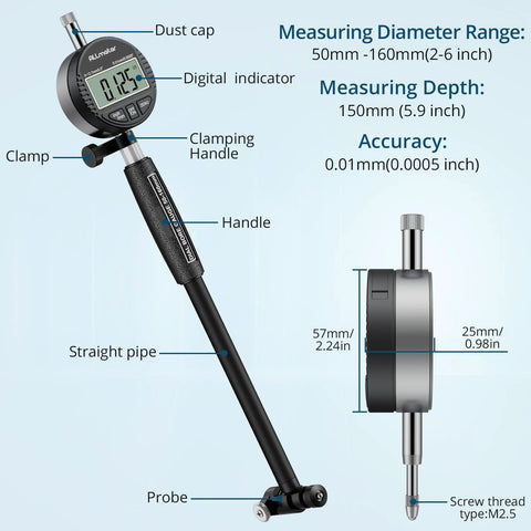 ALLmeter digital bore gauge kit, 50–160 mm range, 0.01 mm precision, includes 12 probes and extension rods