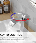 Oil Rubbed Bronze Bathroom Faucet With Waterfall Flow, One Hole, One Handle, demonstrating hot and cold control feature.