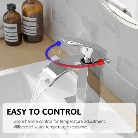 Oil Rubbed Bronze Bathroom Faucet With Waterfall Flow, One Hole, One Handle, demonstrating hot and cold control feature.