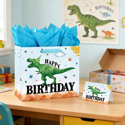 13 Inch Large Watercolor Dinosaur Birthday Gift Bag With Handles, Greeting Card And Tissue Paper, All In One Party Loot For Boys And Girls Birthday Celebrations.