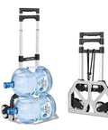 Lightweight Folding Hand Truck With No Sweat Compact Design And Hella Easy Storage For Sweet Everyday Moves And Multi Purpose Utility Dolly Cart With Smooth Rolling Wheels carrying two 5-gallon water bottles.