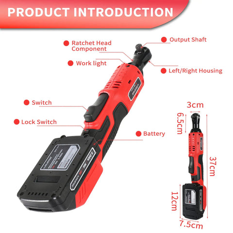Cordless Ratchet Wrench Three Eighths Inch Delivers 44.25 Foot Pounds Of Torque At 380 RPM with labeled components