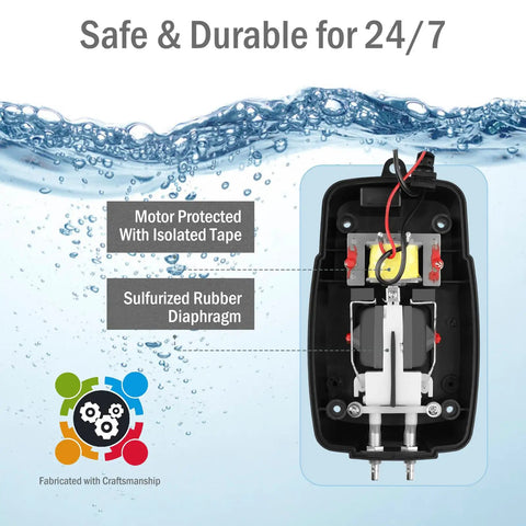 Internal view of All In One Pond Aerator Kit motor with isolated tape and sulfurized rubber diaphragm, safe for 24/7 operation.