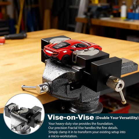 Beefy Heavy Duty Multi Material Workbench Vise With Universal Clamping holding a red model car on a workbench, showcasing versatility.