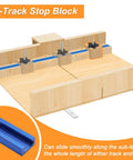 Crosscut Table Saw Sled Kit With Aluminum T Tracks And UHMW Miter Bars, 21 Piece Set showing T-Track stop block feature.