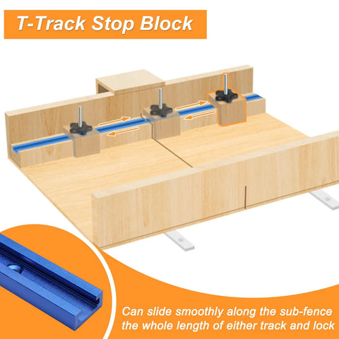 Crosscut Table Saw Sled Kit With Aluminum T Tracks And UHMW Miter Bars, 21 Piece Set showing T-Track stop block feature.