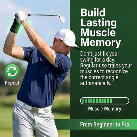 Golfer using Golf Wrist Training Aid Wrist Brace To Fix Wrist Angle And Alignment For A Clean Swing Game Changer For Beginners And Pros