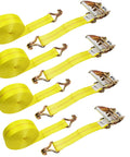 2 Inch By 27 Feet Ratchet Strap Tie Downs With J Hook Ends, 4 pack of yellow straps for secure heavy-duty cargo transport
