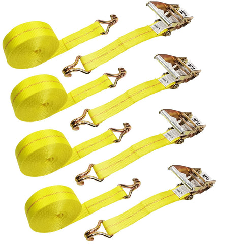 2 Inch By 27 Feet Ratchet Strap Tie Downs With J Hook Ends, 4 pack of yellow straps for secure heavy-duty cargo transport