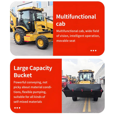 Compact 4x4 Wheel Backhoe Loader With Front End Loader And Rear Digger For Farm Garden Backyard Landscaping featured with multifunctional cab and large capacity bucket.