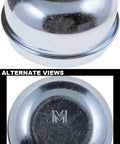 Silver Wheel Dust Cap For Daily Drivers, Two Inch Outside Diameter Hub Cover with hardened steel top view and detailed logo.