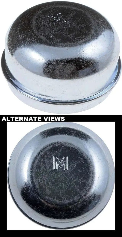 Silver Wheel Dust Cap For Daily Drivers, Two Inch Outside Diameter Hub Cover with hardened steel top view and detailed logo.