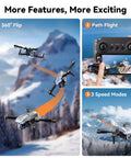 Dope Camera Drone With 4.5 Inch LCD Remote Screen demonstrating 360 flip, path flight, and speed modes in mountain scenery.