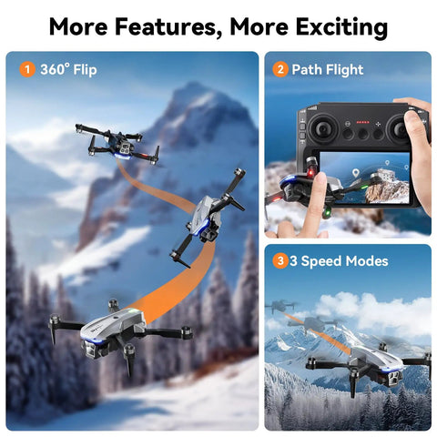 Dope Camera Drone With 4.5 Inch LCD Remote Screen demonstrating 360 flip, path flight, and speed modes in mountain scenery.