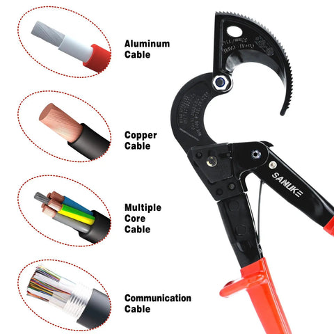 Heavy Duty Ratchet Cable Wire Cutter Chops Copper And Aluminum Like A Hot Knife Through Butter Quick Release Lever with cable types