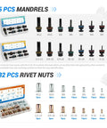 Pro Grade Rivet Nut Tool Kit, 16 Inch Riveter With 15 Mandrels, 182 Rivet Nuts And Rugged Carrying Case, All In One Rivnut Set For M3 To One Half Inch SAE And Metric Sizes, Built For Pros And DIYers showing mandrels and rivet nuts