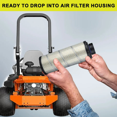 Person holding air filter with lawn tractor in background for Go To Outer And Inner Air Filter Kit For Kawasaki And Kohler Engines
