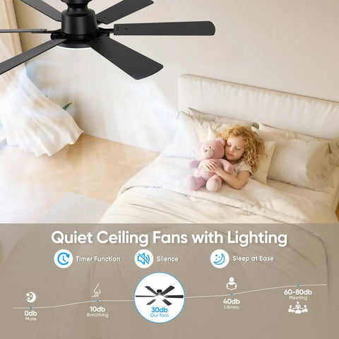 Smooth As Butter 52 Inch Ceiling Fan With Slick App And Remote Controls Featuring Whisper Quiet Motor Six Sleek Blades Dimmable Led Glow For Chill Living Room Setups in a cozy bedroom with a child sleeping.