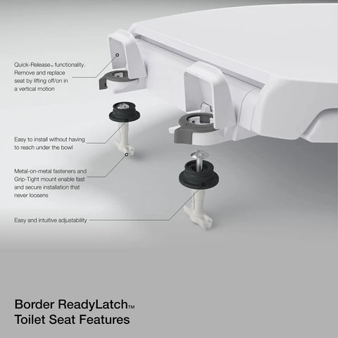 French Curve Elongated Closed Front Toilet Seat With Soft Close And Quick Release Black No Fuss Easy Above Bowl Installation ReadyLatch Hinge And Grip Tight Hardware For Quick Secure Cleanings showing features