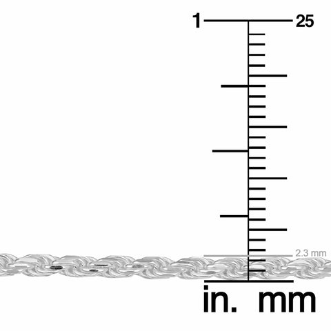Image showing Sterling Silver Diamond Cut Rope Chain Bracelet 2.3mm 8.5 Inch against a ruler for size reference.