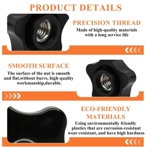 Close-up of Six Piece Three Eighths Sixteen Thread Five Point Star Thumb Knobs showcasing precision thread and smooth surface details.