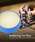 All Purpose Solder Flux Paste For Electronics Rosin Flux For PCB SMD BGA PGA Soldering in blue container next to soldering iron