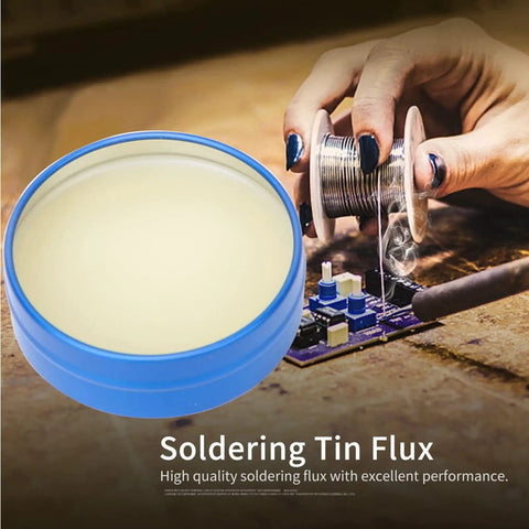 All Purpose Solder Flux Paste For Electronics Rosin Flux For PCB SMD BGA PGA Soldering in blue container next to soldering iron