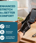 User wearing Solid Black Nitrile Gloves One Hundred Count Large Heavy Duty Powder Free Latex Free while using a phone.