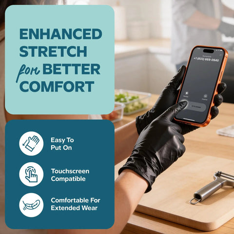User wearing Solid Black Nitrile Gloves One Hundred Count Large Heavy Duty Powder Free Latex Free while using a phone.