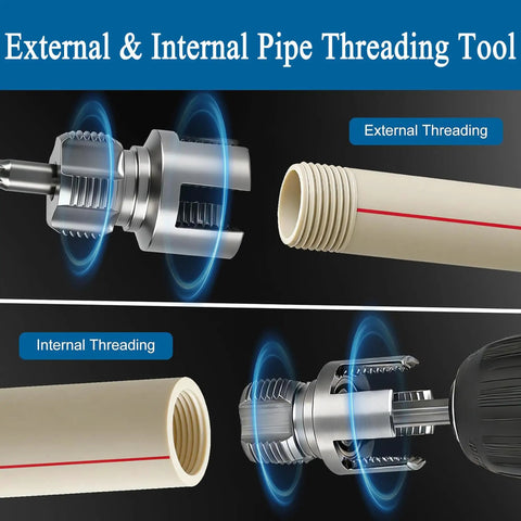 Integrated Three Piece Pipe Threading Tool Set For PVC Pipes One Half Inch Three Quarter Inch And One Inch Drill Powered Internal And External Thread Maker For Plumbing And DIY Projects showing threading process.