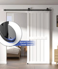 Sliding Barn Door Floor Guide For Bottom Installations, Adjustable Wall Mounted Guide With Flexible Double Wheel Design, shown installed
