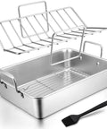 Stainless Steel Roasting Pan With Rack Set Large 15.2 Inch Lasagna Pan Includes V Shaped Rack And Basting Brush Heavy Duty Dishwasher Safe
