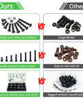 Comparison chart of Comprehensive M3 Screws Assortment Kit With Hex Socket Head Bolts M3x5 6 8 10 12 14 20 25mm Nuts And Washers In 12.9 Alloy Steel Black Zinc Plated Finish and other bolts showing differences in size, rust resistance, and packaging.