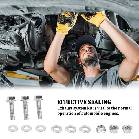 Premium Stainless Steel 3 Inch Exhaust Flange Gasket Repair Kit With Heavy Duty Bolts used by a mechanic under a vehicle for sealing.
