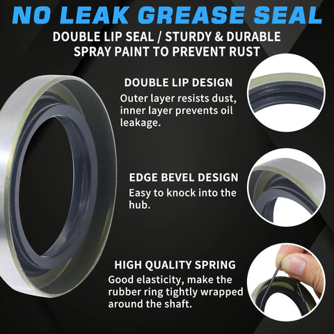 No leak grease seal design for 4 Pack Heavy Duty Trailer Hub Bearing Kit, features double lip, edge bevel, and quality spring.