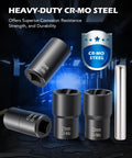 Heavy-duty cr-mo steel twist sockets from One Half Inch Drive Nut And Bolt Extractor Set, 9mm shown with corrosion resistance feature.