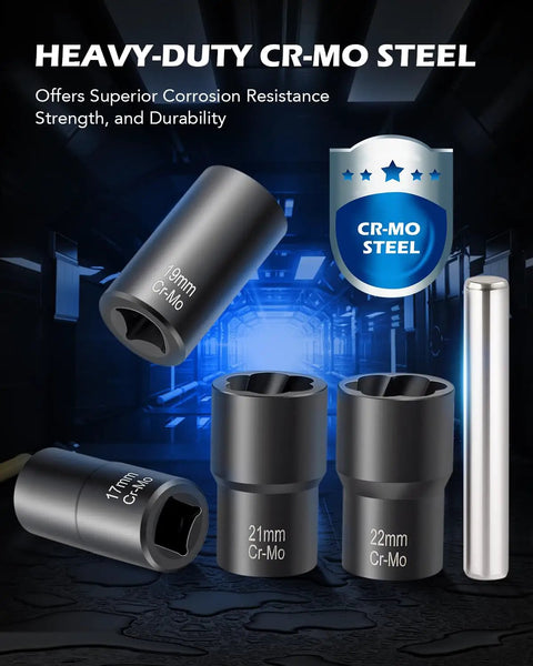 Heavy-duty cr-mo steel twist sockets from One Half Inch Drive Nut And Bolt Extractor Set, 9mm shown with corrosion resistance feature.
