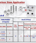 Beefy 8-Way Lead Acid Battery Terminal Connector Kit with AGM Post Ends for SAE DIN EN tapered posts, includes eyelet sizes and crimp wire details.