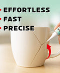 Clear super glue gel repairing a cracked white ceramic mug; hand applying adhesive from the tube.