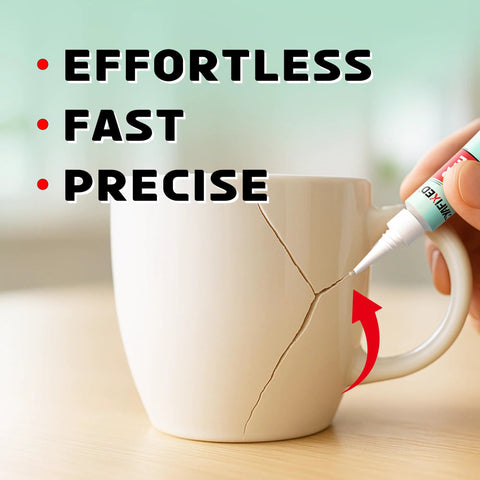Clear super glue gel repairing a cracked white ceramic mug; hand applying adhesive from the tube.