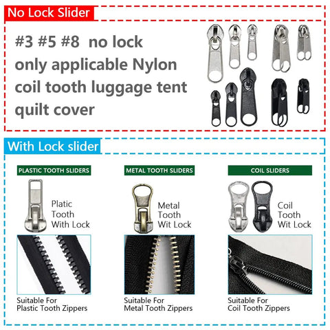 DIY Zipper Repair Kit With Replacement Sliders And Pulls, 252 Piece Zipper Slider Set With Installation Pliers, silver, black, and brass sliders