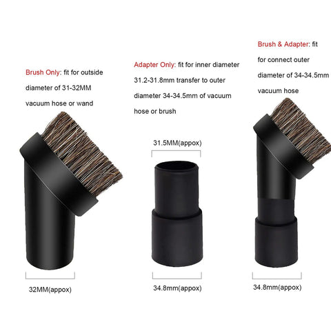 Soft Horse Hair Round Dust Brush 25mm Vacuum Attachment Replacement With One And A Quarter Inch To One And Three Eighths Inch Adapter