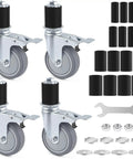 Heavy Duty Prep Table Rollers Set Three Inch Expanding Stem Casters With Brakes, four poly wheels and mounting accessories.