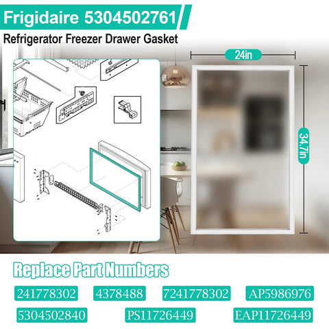 Frigidaire refrigerator door gasket replacement, model 5304502761, 24in wide by 34.7in tall.
