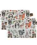 Large Foldable Storage Bin Basket With Easy Grab Reinforced Cotton Rope Handle Collapsible Fabric Laundry Hamper Rectangle Bin For Clothes And Toys Cute Woodland Animals Pattern Ideal For Bedroom Closet Laundry Room And Dorm, shown with forest animal designs and brown handles.