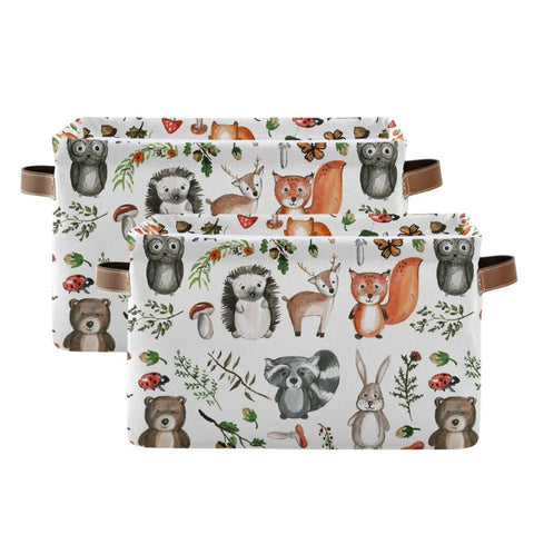 Large Foldable Storage Bin Basket With Easy Grab Reinforced Cotton Rope Handle Collapsible Fabric Laundry Hamper Rectangle Bin For Clothes And Toys Cute Woodland Animals Pattern Ideal For Bedroom Closet Laundry Room And Dorm, shown with forest animal designs and brown handles.