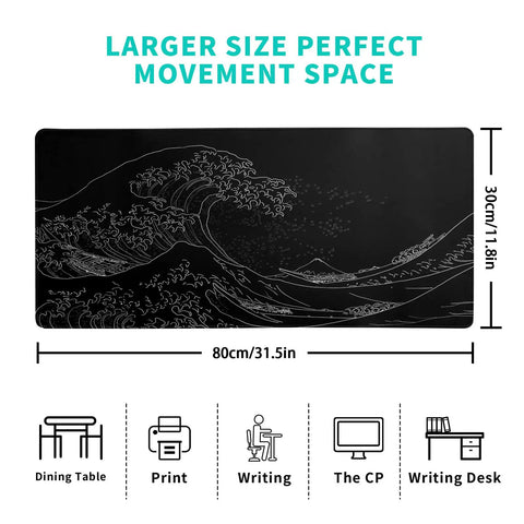 Japanese Sea Wave Large Mouse Pad Extended 31.5 By 11.8 Inches 3mm Thick Non Slip Rubber Base Desk Mat For Gaming And Office