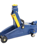 Side view of Beefy 2 Ton Trolley Jack For Cars And SUVs, Heavy Duty Hydraulic Floor Jack With Safety Valve, solid steel construction.