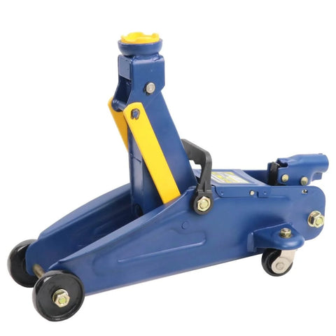 Side view of Beefy 2 Ton Trolley Jack For Cars And SUVs, Heavy Duty Hydraulic Floor Jack With Safety Valve, solid steel construction.