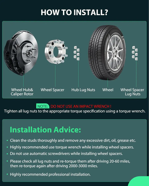 Installation guide for 2 Inch Wheel Spacers Adapters For 6x5.5 To 8x180 Bolt Pattern, 108mm Hub Bore, with torque wrench advice.